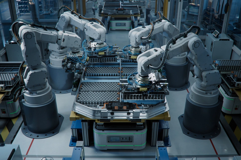 Electric Car Battery Manufacturing. Industrial Robot Arms Assemble Lithium-Ion EV Battery Pack Inside Automotive Smart Factory. White Robotic Arms at Automated Production Line; Shutterstock ID 2464757857; purchase_order: Enterprise MARCOM; job: Emerson.com; client: Web; other: Requested by Susan Tencio