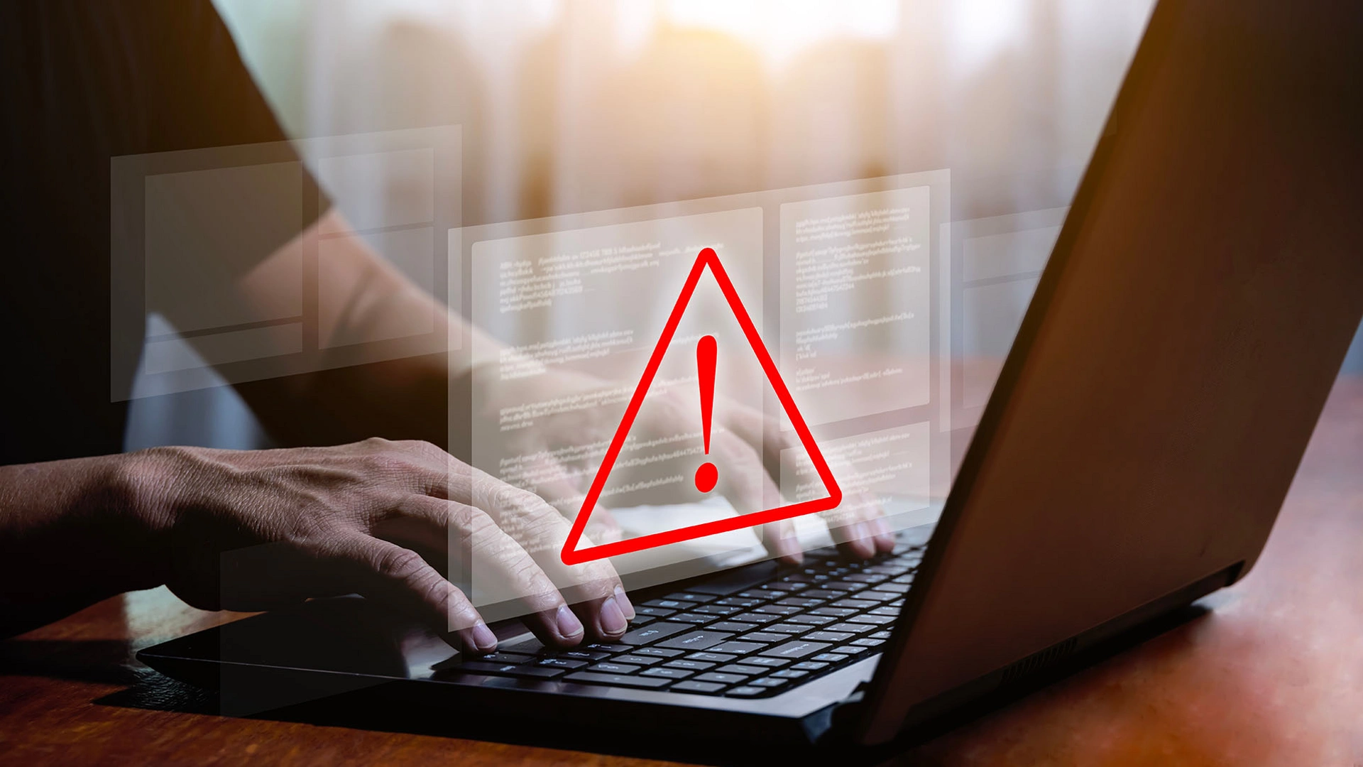Computer laptop with triangle warning sign for error notification and maintenance concept. warning virus detected computer bug software bug