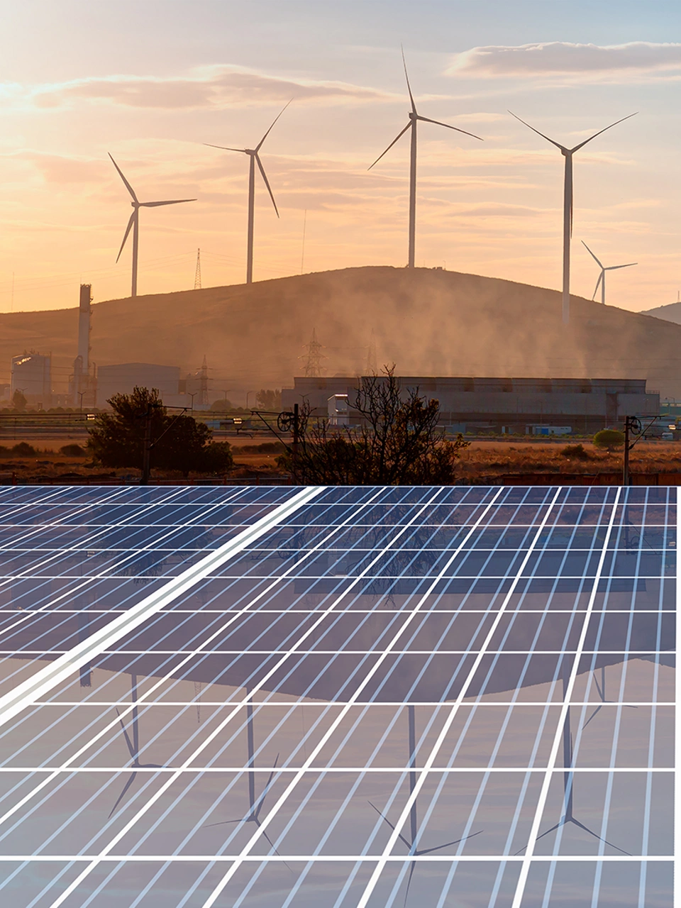 Natural gas processing plant with Renewable energy wind turbines generating electricity reflection to solar panels at sunset - Industrial concept 