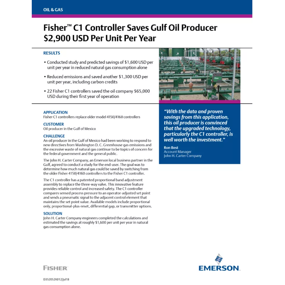 客户案例：Fisher C1 控制器助海湾地区石油生产商单台设备每年节省 2,900 美元