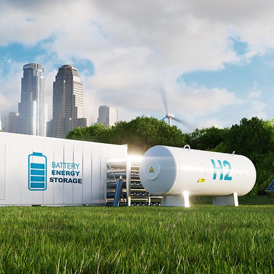 Concept of an energy storage system based on electrolysis of hydrogen in a clean environment with photovoltaics, wind farms and a city in the background. 3d rendering.