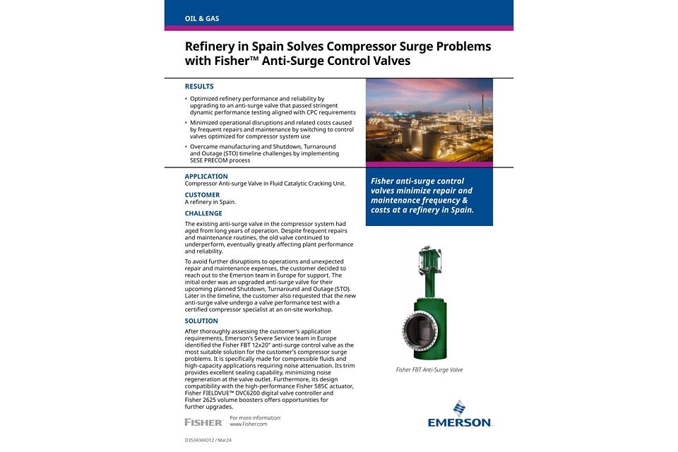 应用案例：西班牙炼油厂借助费希尔 (Fisher) 防喘振调节阀解决压缩机喘振问题