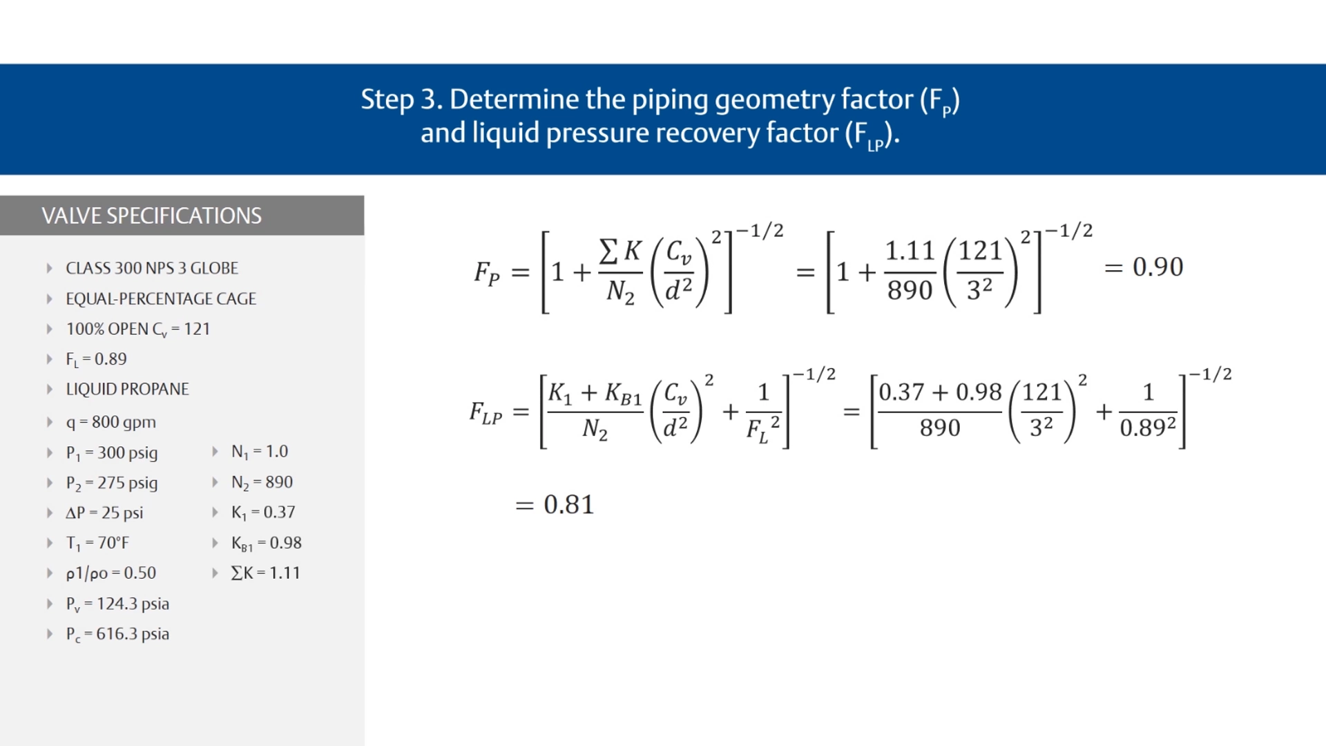 Step 3. Determine the piping geometry factor (FP) and the liquid pressure recovery factor (FLP)