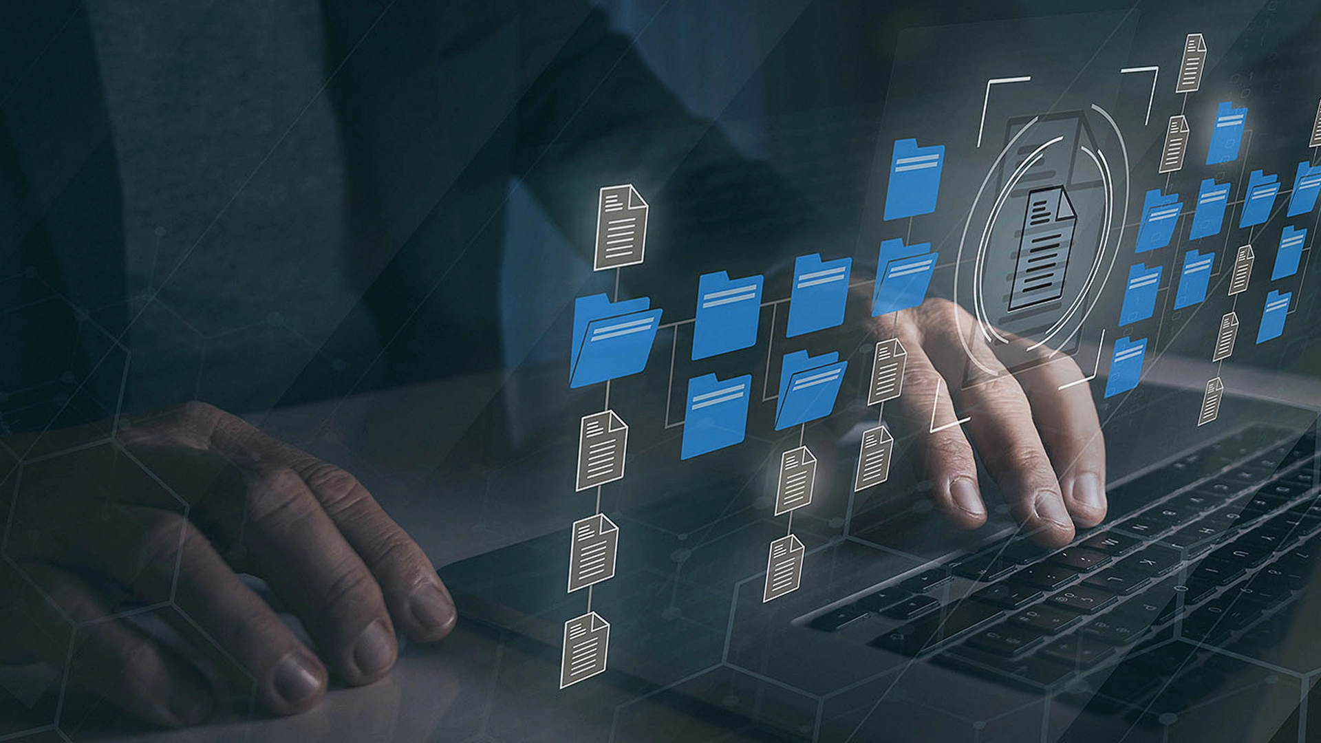 Businessman working on virtual screen with digital documents. Manage online documentation database.