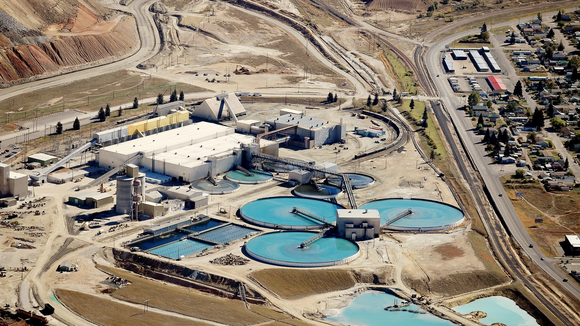 Aerial view of the water treatment facility at a copper mine
