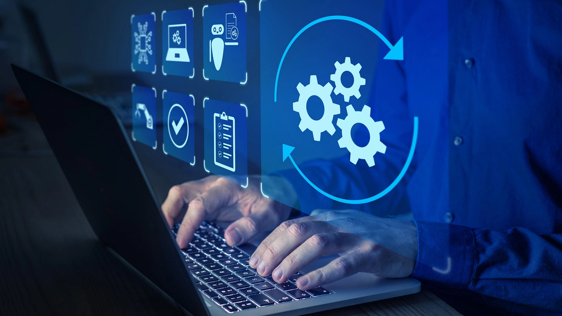 Robotic Process Automation (RPA) technology to automate business tasks with AI. Concept with expert setting up automated software on laptop computer. Digital transformation and change management.