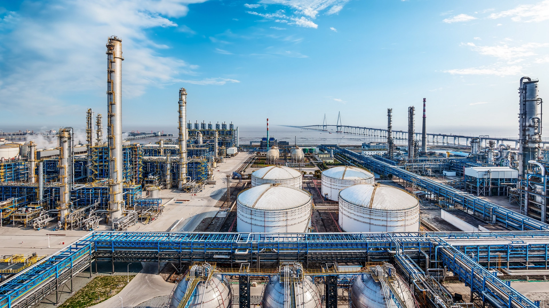 Petrochemical plant industrial equipment by the sea