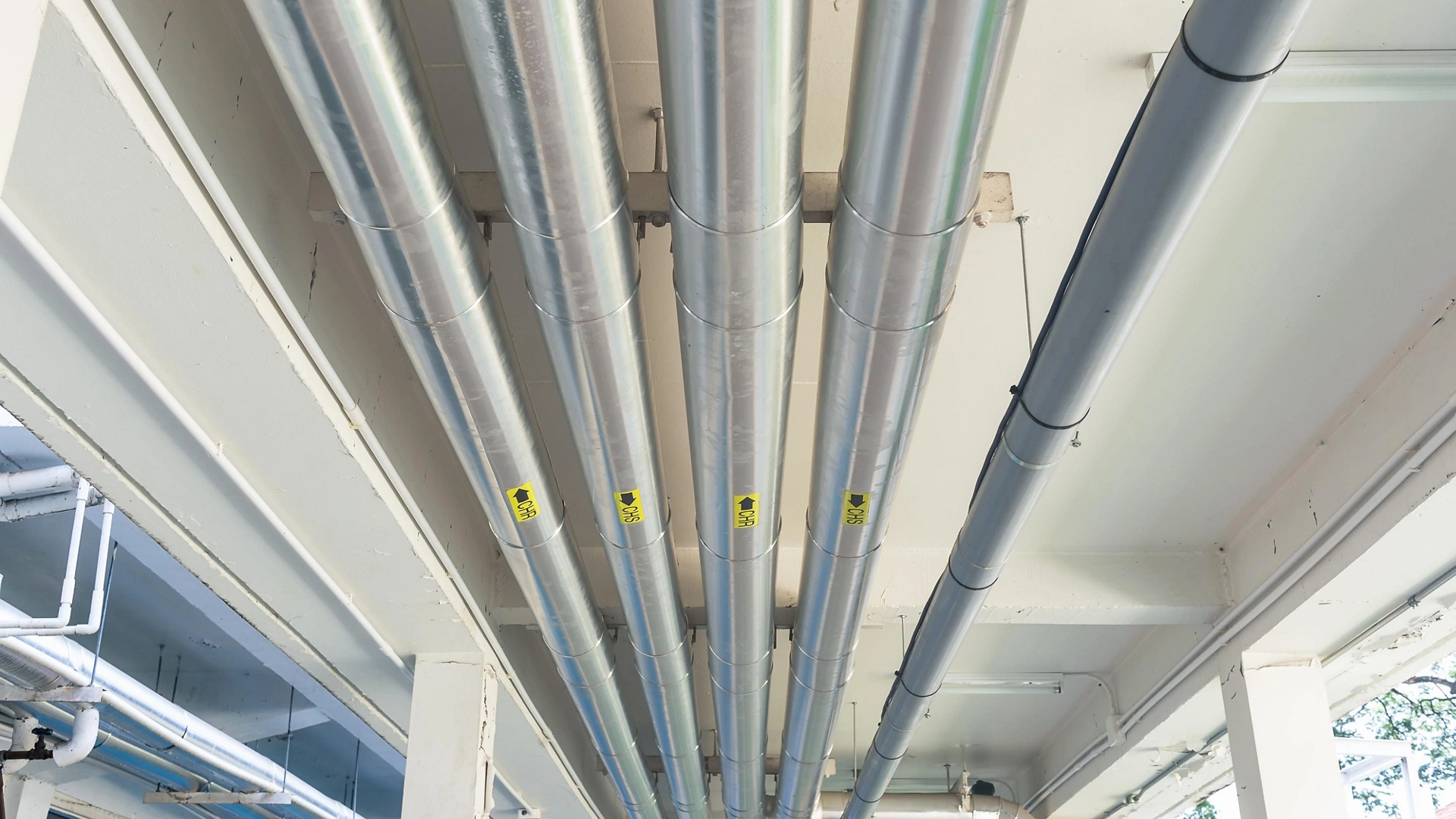 Chilled water supply and return pipe system. May called chr, chs. Provide cooling by using chilled water. To absorb heat from building, control process, condensation, energy conservation by insulation