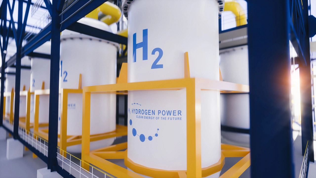 Hydrogen renewable energy production - hydrogen gas for clean electricity solar and windturbine facility. 3d rendering.