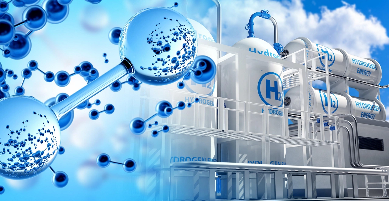 Hydrogen power plant. H2 cells near modern factory. Innovative hydrogen factory. Manufactory producing fuel from water. Green hydrogen production plant. Manufactory with high pressure tanks. 3d image