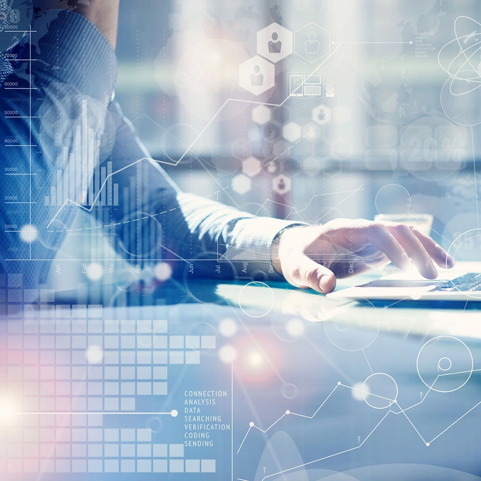 Man Typing Keyboard Laptop Hand.Project Manager Researching Process.Business Team Working Startup modern Office.Global Strategy Virtual Icon.Innovation Graphs Interfaces.Analyze market stock.Blurred