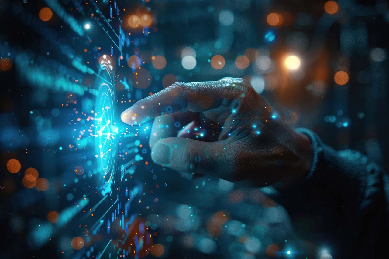 A hand interacting with a glowing blue digital interface, representing futuristic technology and cybersecurity. The background is creating a high-tech, abstract environment, AI-generated.