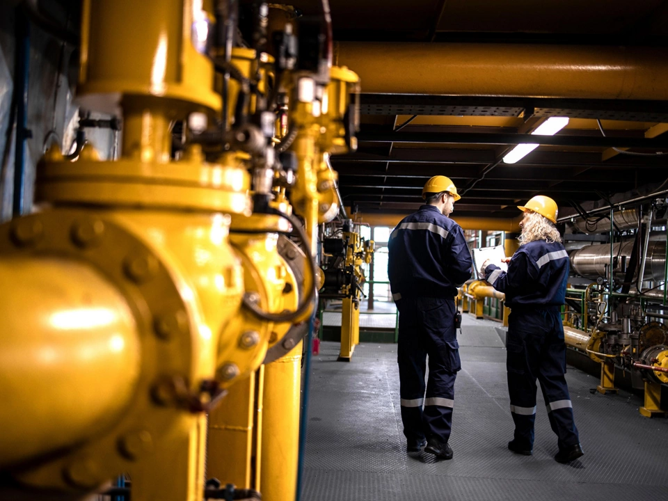 Petrochemical industry, oil and gas production. Factory workers or engineers walking by gas pipelines inside refinery production plant.