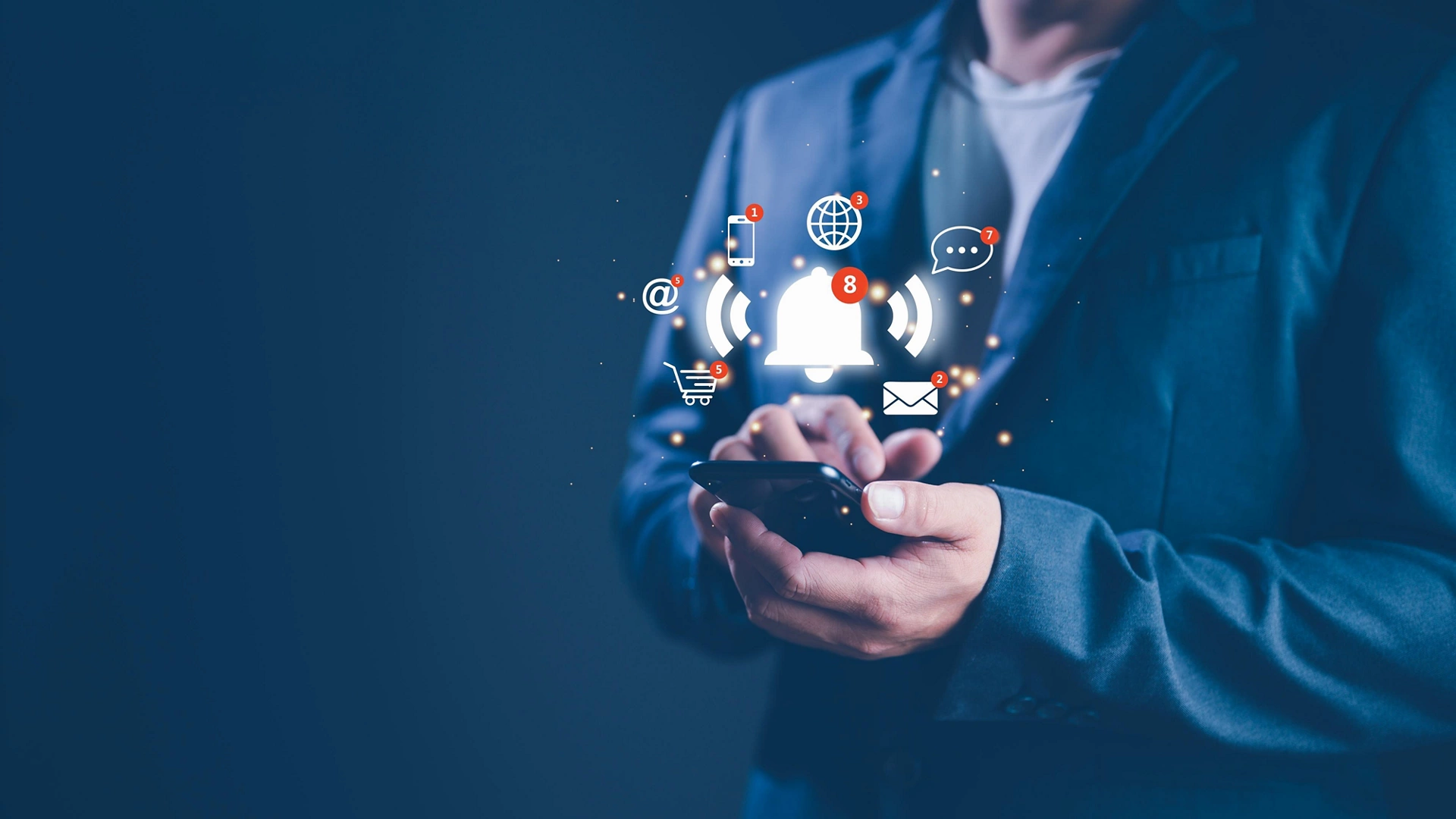 Businessman using smart phone with virtual bell ringing for application notification alert concept. social media and internet network notification alert, email, telephone, chat, shopping online.
