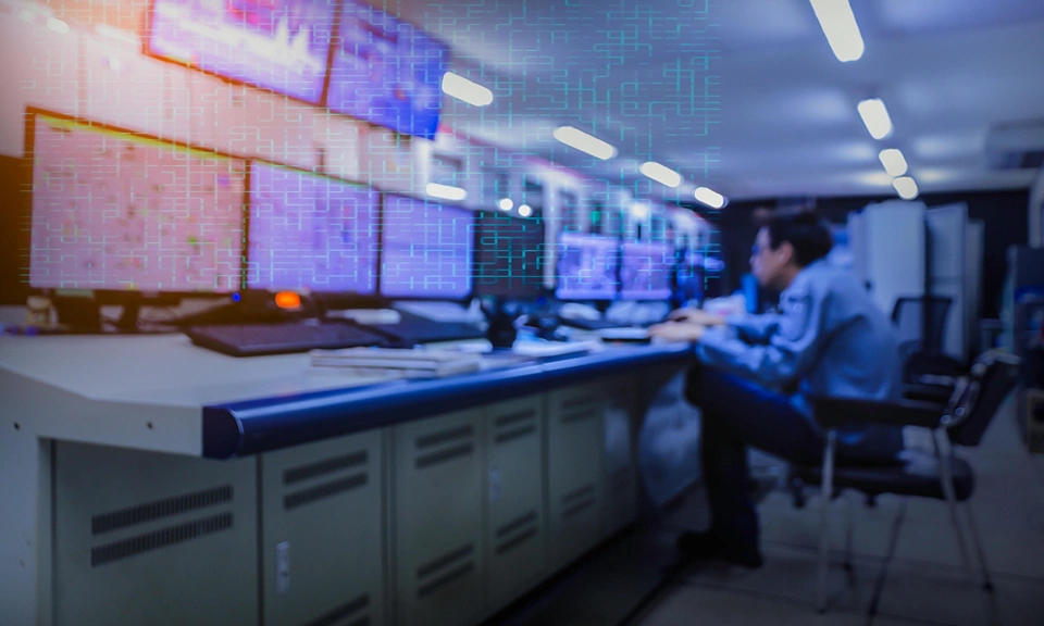 Blurred of man engineer works with the tablet in the production control room.Control room of a steam Turbine,Generators of the coal-fired power plant for monitor process, business and industry concept