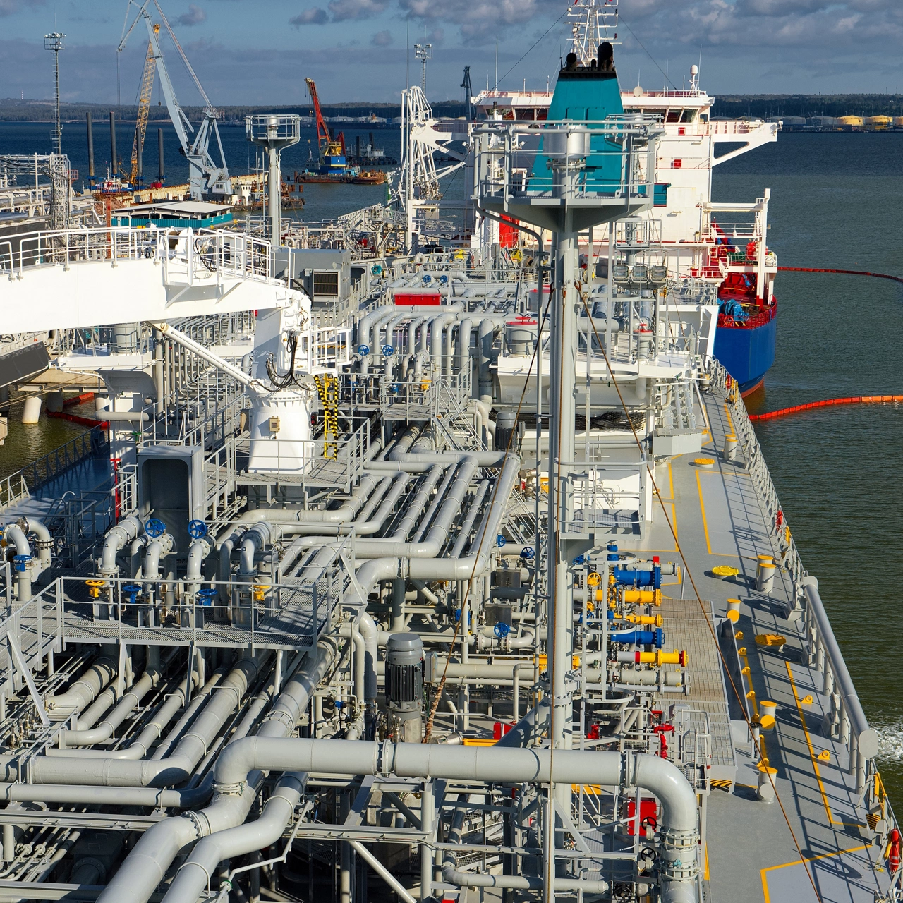 Pipeline installed on the deck of a large marine vessel offshore