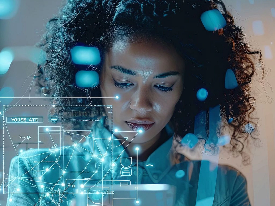 woman working on device with technology overlay