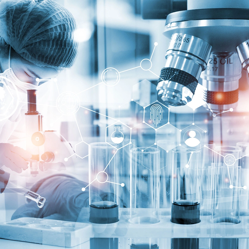 Double exposure microscope and Young woman scientific using equipment in the laboratory for research.Biotechnology,development,chemical,vaccine,COVID-19. Photo concept experimentation and research.