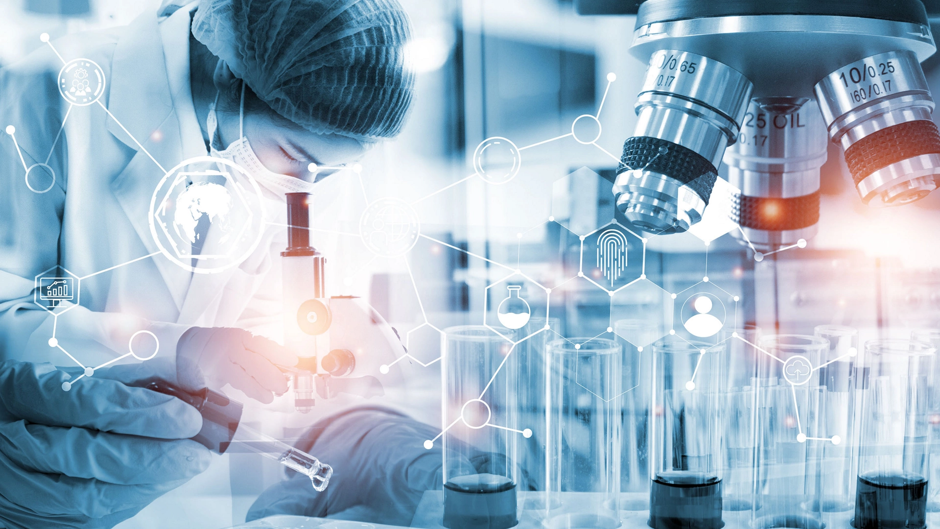 Double exposure microscope and Young woman scientific using equipment in the laboratory for research.Biotechnology,development,chemical,vaccine,COVID-19. Photo concept experimentation and research.