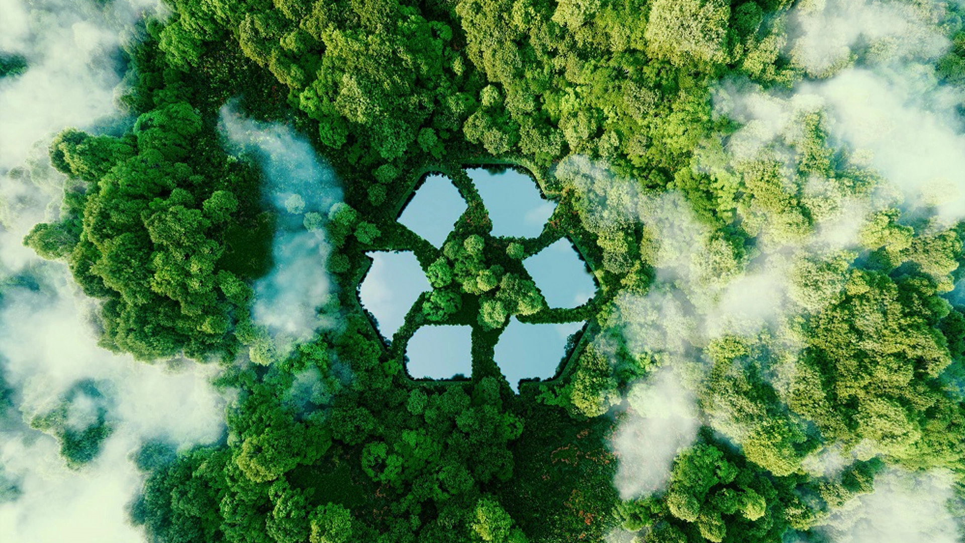 A lake in the shape of a recycling sign in the middle of untouched nature. An ecological metaphor for ecological waste management and a sustainable and economical lifestyle. 3d rendering.