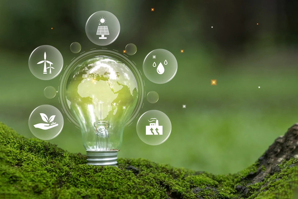 Light bulb with superimposed world and energy sources icons surrounding it while sitting on greenery