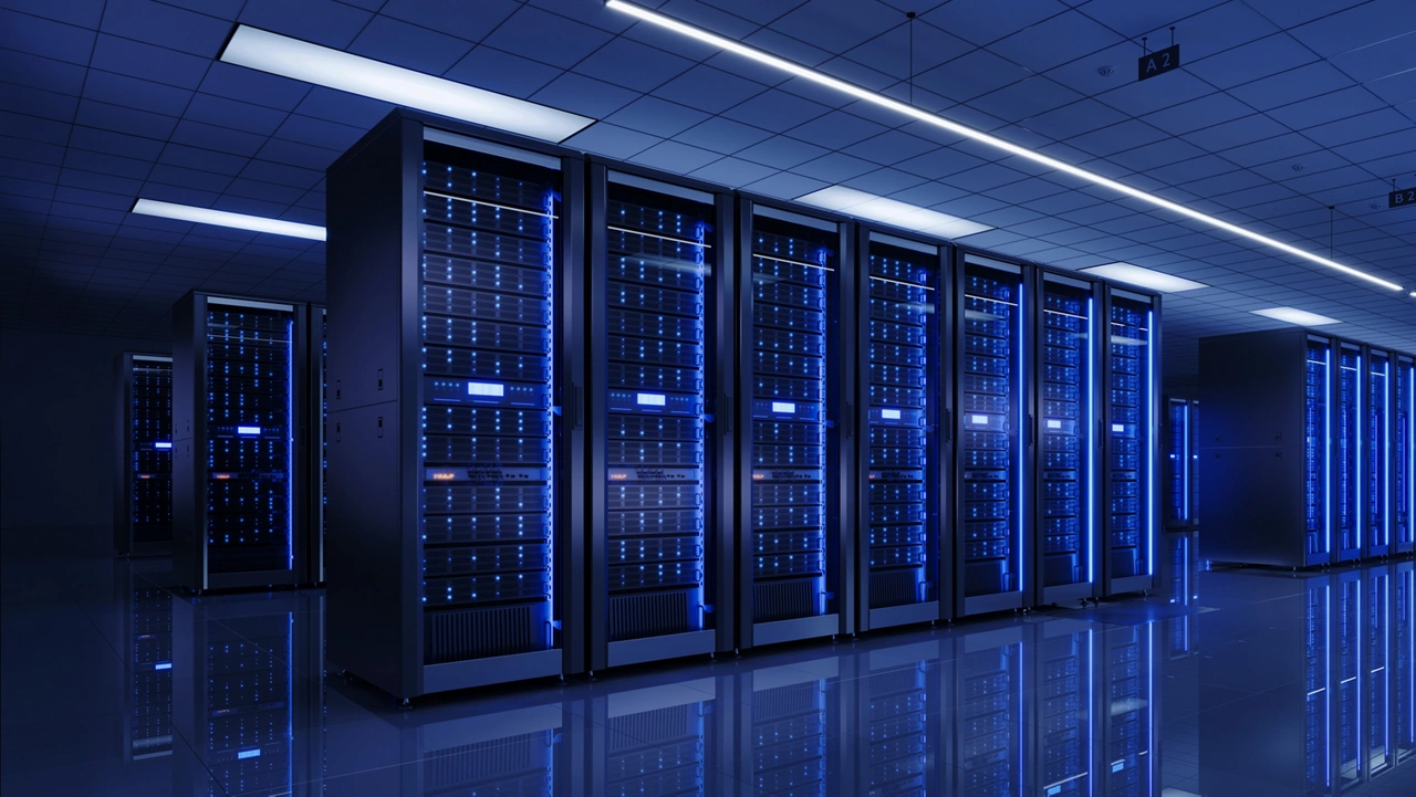 Server racks in modern server room data center - 3d illustration.