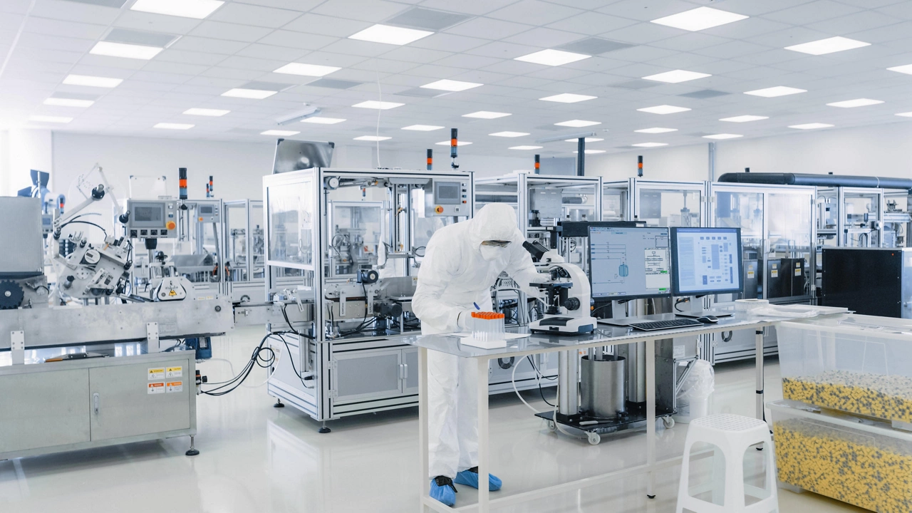 Shot of Sterile Pharmaceutical Manufacturing Laboratory where Scientists in Protective Coverall's Do Research, Quality Control and Work on the Discovery of new Medicine.