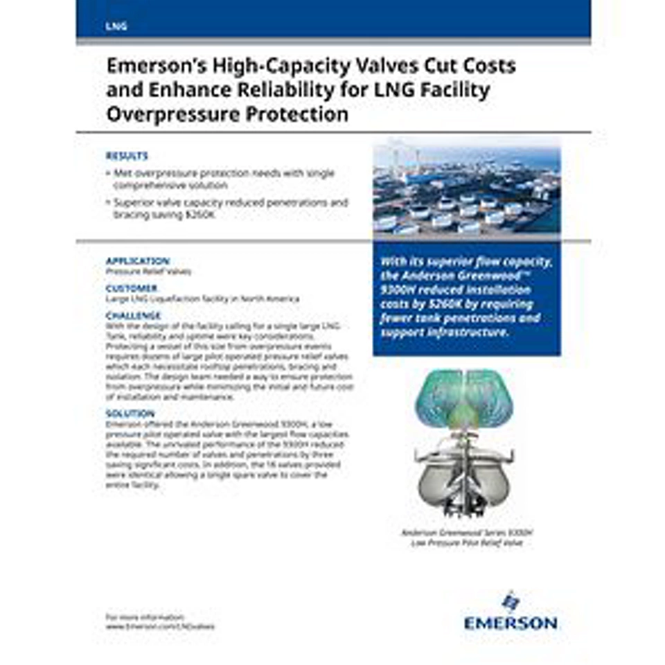 艾默生的高容量阀门为 LNG 设施超压保护降低成本并提高可靠性