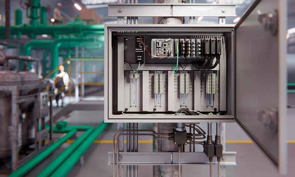 Industrial cabinet with NI CompactRIO hardware installed for control and monitoring in a factory setting.