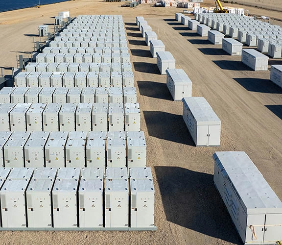 Aerial view of Desert Sunlight Solar Farm battery storage units