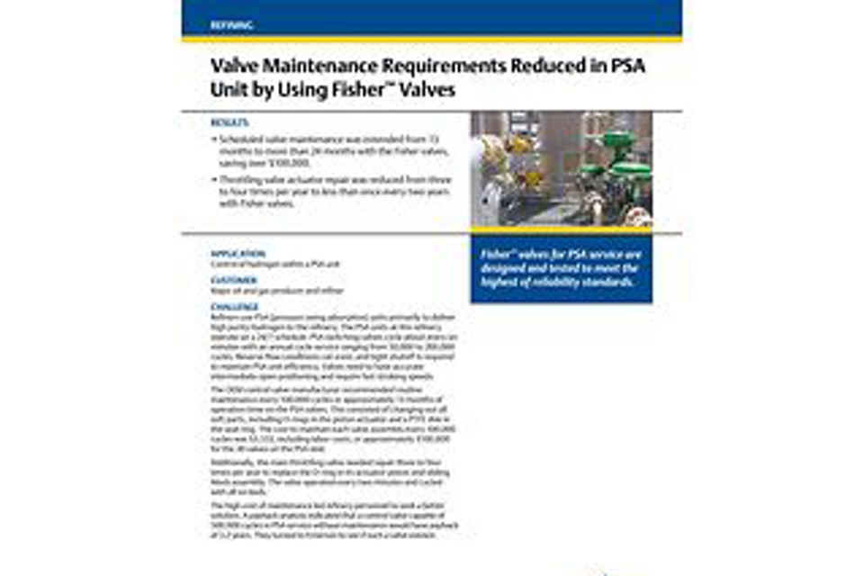 客户案例：使用费希尔阀门降低 PSA 装置的阀门维护要求