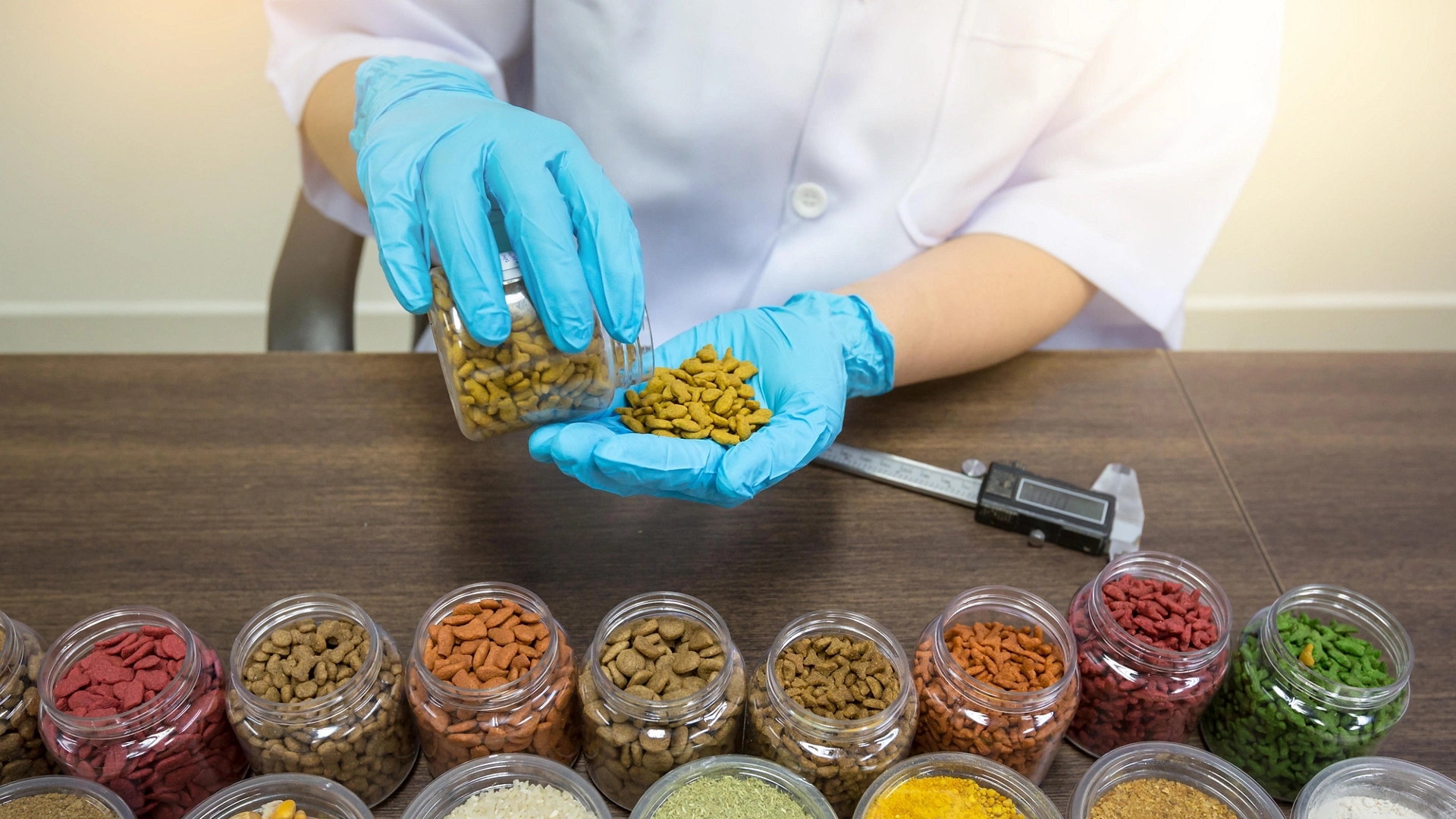 Laboratory staff are investigating the quality of pet food in her hand. Variety, Raw material selection, Quality inspection.