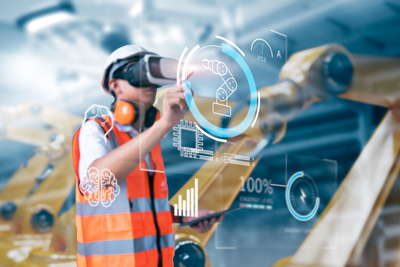 Engineer using virtual reality ui screen interacting with machine operating AI robot mechanical hand artificial intelligence technology, using tablet device control in factory, banner illustration