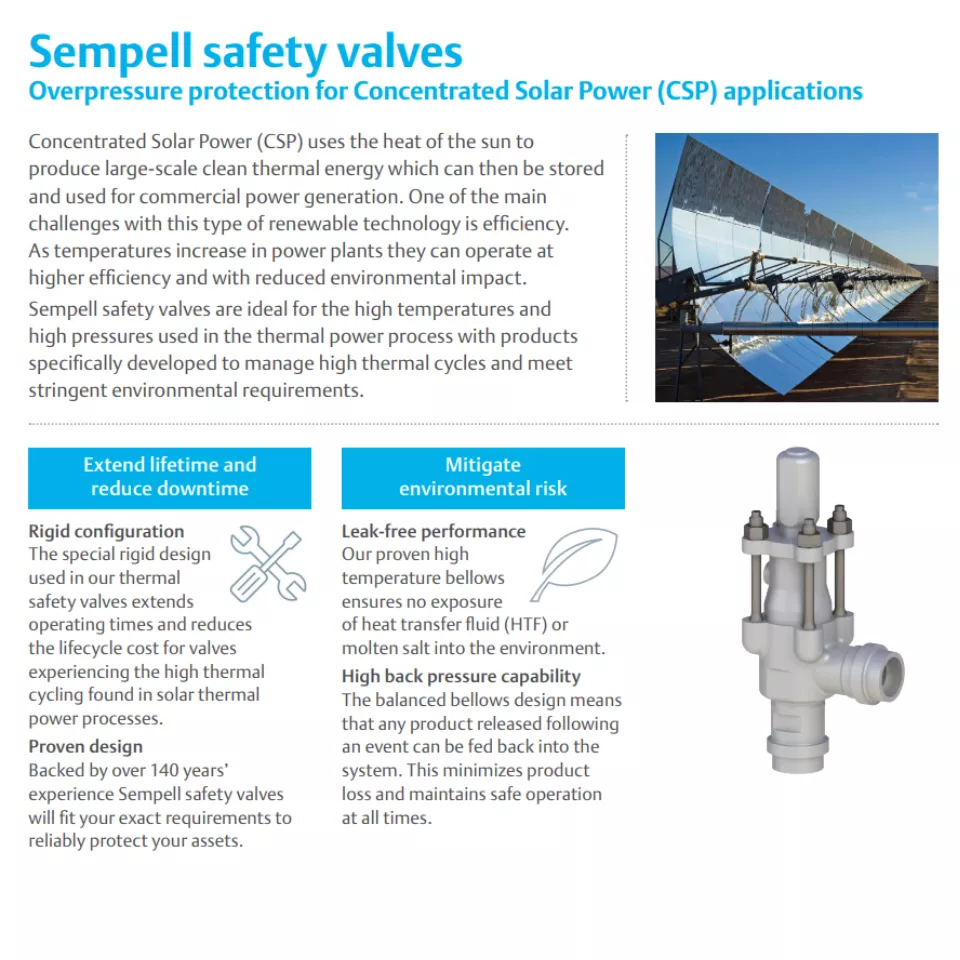 宣传页：适合集中式太阳能发电 (CSP) 应用的 Sempell 安全阀