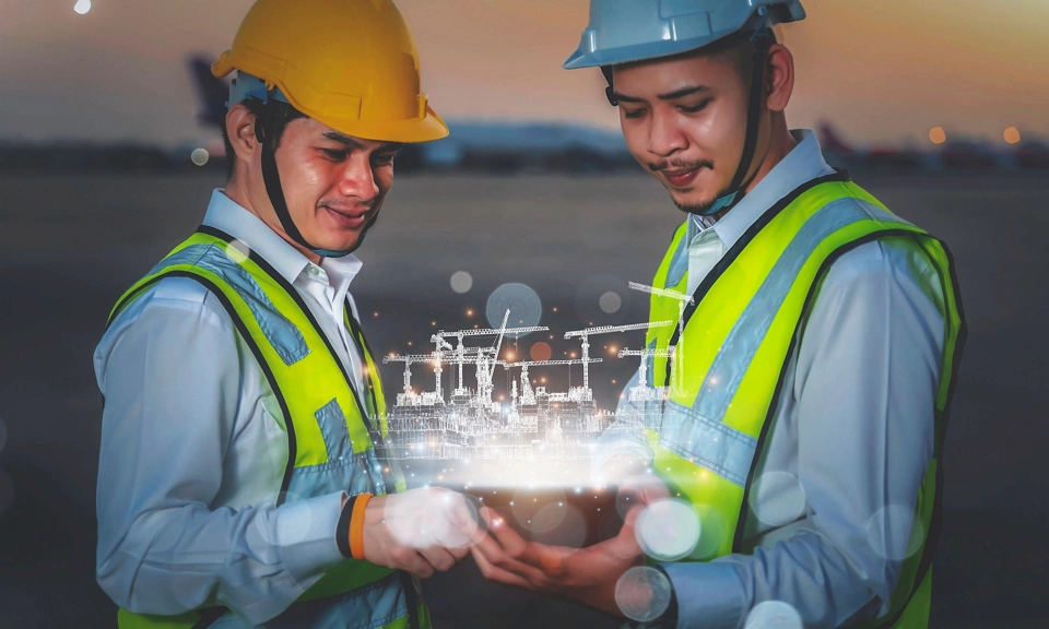 Architects and engineering create architectural works from their imaginations into 2D and 3D construction models for use in real-world construction,Technology futuristic virtual reality design.