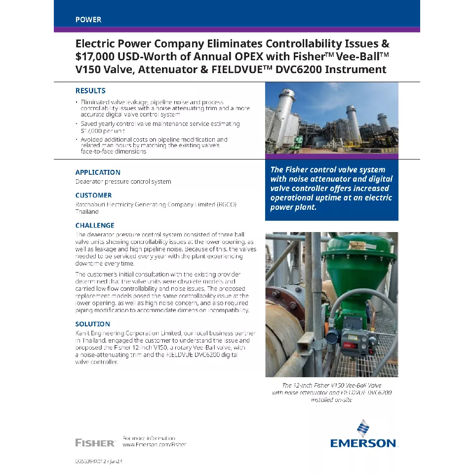 应用案例：电力公司利用 Fisher Vee-Ball V150 阀门、降噪器和 FIELDVUE DVC6200 仪表消除了可控性问题和价值 17,000 美元的年度运营支出