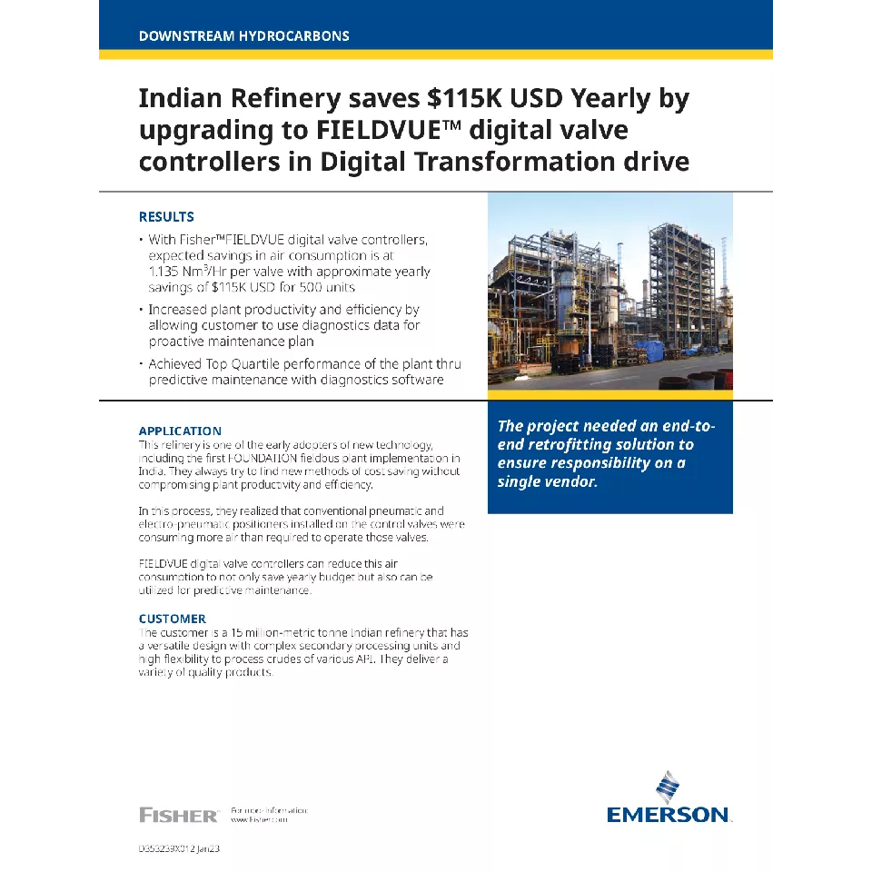 应用案例：印度炼油厂通过在数字化转型驱动中升级到 FIELDVUE 智能阀门定位器实现每年节省 11.5 万美元的成本