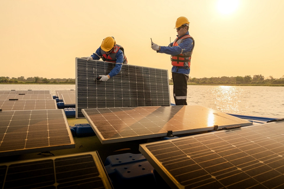 Male workers repair Floating solar panels on water lake. Engineers construct on site Floating solar panels at sun light. clean energy for future living. Industrial Renewable energy of green power.; Shutterstock ID 2489645015; purchase_order: Enterprise MARCOM; job: Shutterstock Images for Jan Bendfeldt's Team; client: Various; other: Requested by Sara Palmitessa